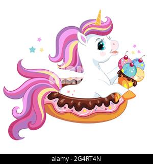 Niedliche Cartoon Einhorn mit Eis sitzt in Donut. Vektor-isolierte Einhorn-Zeichen-Illustration. Für Poster, Print, Kinderzimmer-Design, Karte, Aufkleber Stock Vektor