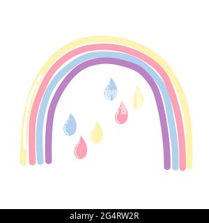 Märchenhafter Regenbogen mit bunten Regentropfen in flachem Stil auf weißem Hintergrund. Kinderdruck für jedes Design. Vektorgrafik.Doodle Stock Vektor