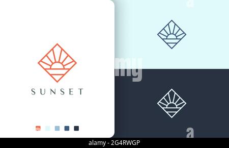 Küsten- oder Ozeanlogo mit schlichter und moderner Sonnenuntergangsform Stock Vektor