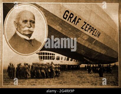 Eine frühe Druckaufnahme des Luftschiffes Graf Zeppelin mit Inset-Porträt des Grafen Ferdinand von Zeppelin Stockfoto