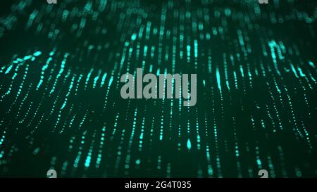 Abstrakter digitaler Hintergrund von Glühpartikeln. Grüne Technologie dynamische Punkte Hintergrund. 3D-Rendering. Stockfoto