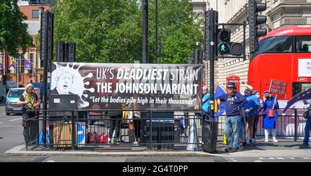 Parliament Square, London, Großbritannien. 23. Juni 2021. Die Anti-Brexit-Aktionsgruppe Sodem Action übernimmt mit großen Transparenten und lautstarken Protesten Kreuzungen, die zum Parlament am Parliament Square in Westminster führen. Quelle: Malcolm Park/Alamy Live News Stockfoto