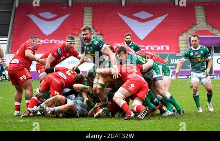 Llanelli, Wales. 20. Februar 2021. Die Stürmer kämpfen beim Guinness PRO14-Spiel zwischen Scarlets und Benetton am 20. Februar 2021 in Parc y Scarlets in Llanelli, Wales, Großbritannien, um den Besitz. Sportstadien in ganz Großbritannien unterliegen aufgrund der Coronavirus-Pandemie weiterhin strengen Beschränkungen, da staatliche Gesetze zur sozialen Distanzierung Fans innerhalb von Veranstaltungsorten verbieten, was dazu führt, dass Spiele hinter verschlossenen Türen gespielt werden. Quelle: Duncan Thomas/Majestic Media. Stockfoto