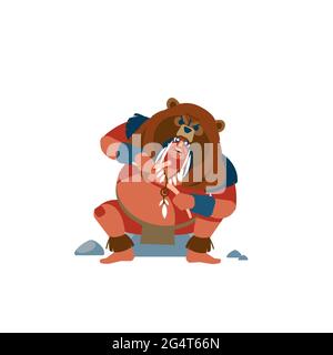 Bärenmann isst Fleisch. Ureinwohner Amerikas. Native American Tribe Member Krieger Charakter mit Kriegsmaske und Bärenhaut. Serie Von Cartoon Stock Vektor