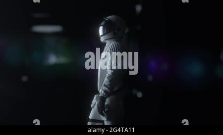 Astronaut zu Fuß im futuristischen Raumschiff, Sci-Fi-Shuttle-Korridor. Technologie und Zukunftskonzept. 3d-Rendering Stockfoto
