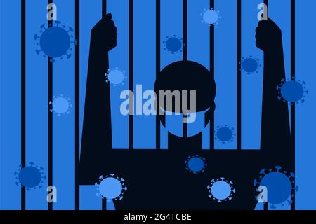 Die Silhouette einer maskierten Person steht hinter Gittern. Konzept für die Selbstquarantäne Stock Vektor