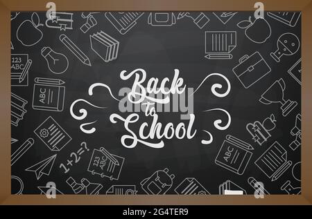 Back to School Banner mit Textur aus Linienkunst-Ikonen aus Bildung, Wissenschaft und Büromaterial auf dem daark Hintergrund. Stock Vektor