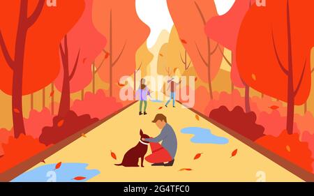 Familie im Herbst, Vector Illustration einer glücklichen Familie im Herbst auf einem Spaziergang durch den Park. Kind und Hund schlendern durch den Park Stock Vektor