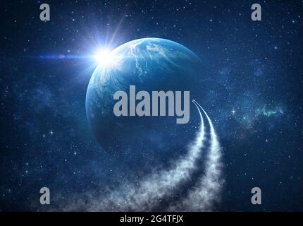 Raumschiffe, die in den Weltraum reisen und das Universum, Sternenkonstellationen und Nebel erkunden. Kometen im Weltraum erreichen den Planeten Erde. Stockfoto