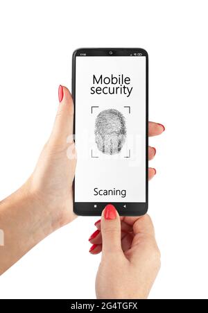 Online-Zahlung biometrisches Identifikationskonzept. Weibliche Hand hält Smartphone. HandzeigerApp für mobile Geldbörsen mit Fingerabdruck-Symbol auf dem Bildschirm des Geräts Stockfoto