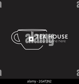Weiße Umrisse Teehaus Logo Vorlage mit schwarzem Hintergrund Vektor Stock Vektor