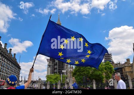 London, Großbritannien. Juni 2021. Ein Demonstrator schwingt eine EU-Flagge. Anti-Brexit-Demonstranten versammelten sich am fünften Jahrestag des Referendums vor dem Parlament. (Kredit: Vuk Valcic / Alamy Live News) Stockfoto