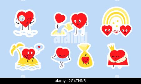 Liebe Herz romantische Aufkleber. Stickerpaket mit Vektorgrafiken in flacher Ausführung. Fröhliche rote lächelnde Herzen. Dekoratives Positivbündel Stock Vektor