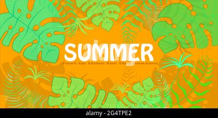 Orangefarbenes Sommerbanner mit tropischen Pflanzen. Vektorgrafik. Stock Vektor