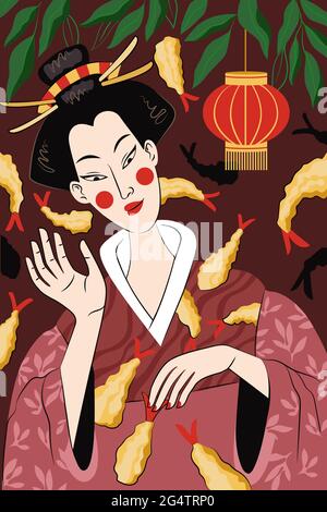 Handgezeichnetes Design mit japanischem Tempura-Poster. Japan Nationalgericht gebratene Garnelen in Teig. Sushi rollt Bar Werbebanner. Speisekarte mit asiatischen Meeresfrüchten oder Dekoration mit Geisha für Frauen. Eps Stock Vektor