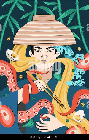 Handgezeichnetes japanisches Food Ramen-Poster. Japanisches Nudelgericht. Tintenfisch oder Tintenfisch-Tentakeln verschlungen Samurai mit Schüssel und Essstäbchen. Asiatische Café-Menü Werbung Banner oder Flyer Dekoration Stock Vektor