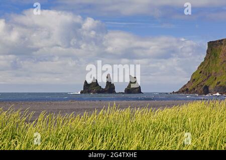 Reynisdrangar, Basaltmeerhaufen in der Nähe des Dorfes Vík í Mýrdal im Sommer, Südisland Stockfoto