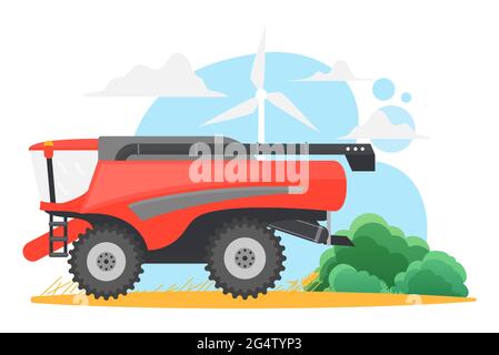 Mähdrescher für Weizenfarm Kombinieren Sie die maschinelle Landwirtschaft auf dem ländlichen gelben Getreidefeld mit Windmühle-Vektorgrafik. Cartoon moderne Maschinen in der Landwirtschaft arbeiten, Landtechnik isoliert auf weiß Stock Vektor