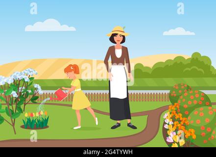 Familie Bauern Menschen arbeiten, Wasser Blumen in Bauernhof Garten Vektor-Illustration. Cartoon Mädchen und Mutter Gärtner Zeichen arbeiten und im Garten arbeiten, glückliche kleine Tochter hält Gießkannenhintergrund Stock Vektor