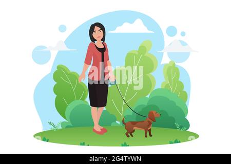 Frau zu Fuß mit kleinem Hund Haustier in den Park Vektor-Illustration Stock Vektor