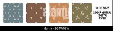 Nahtlose Hintergrund Blume und Biene Geschlecht neutral Muster Set von 5. Skurrile minimal erdig 2 Ton Farbe. Kinder Kinderzimmer Tapete oder Boho Cartoon Haustier Stock Vektor
