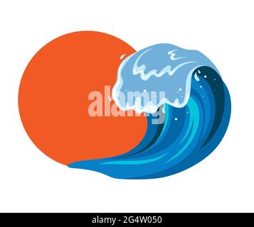 Japanische Tsumani-Welle im flachen Cartoon-Stil. Großer blauer tropischer Wasserspritzer mit weißem Schaum. Vektorgrafik auf weißem Hintergrund Stock Vektor