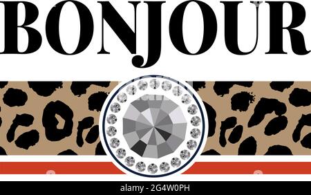 Dekorativer BONJOUR HELLO Text mit Leopardenhaut Stock Vektor