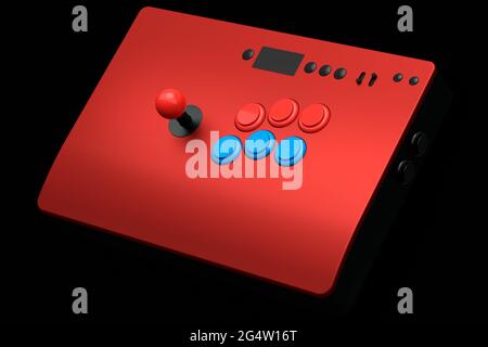 Vintage-Arcade-Stick mit Joystick und Knöpfen in Turnierqualität auf Schwarz Stockfoto