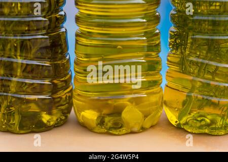 Auswahl an köstlichen natürlichen Olivenölen in verschiedenen Geschmacksrichtungen mit mediterranen Kräutern und Knoblauch Stockfoto