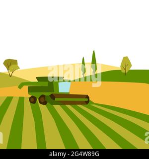 Mähdrescher auf Weizenfeld. Landwirtschaftliche Illustration Bauernhof ländliche Landschaft. Stock Vektor