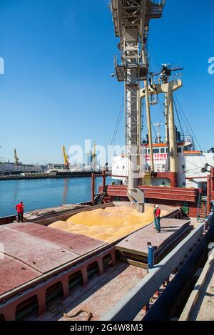 Mais im Bulk Carrier Hold. Gießen halten von Mais. Aufzugkran-Ladungen versenden Schüttgutfrachter mit Mais Stockfoto