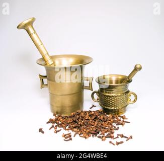 Zwei Bronzemörtel mit Rose-Apfel-Gewürz Stockfoto