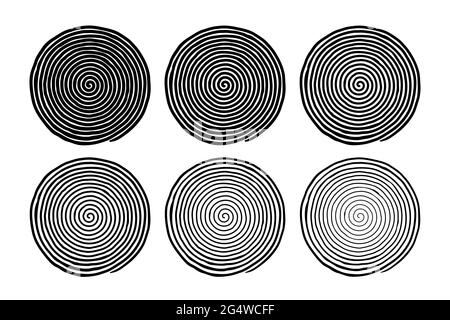 Unregelmäßiger, handgezogener Spiralsatz mit sechs verschiedenen Linienstärken. Flache Vektorzeichnungen auf weißem Hintergrund isoliert, EPS 8. Stock Vektor