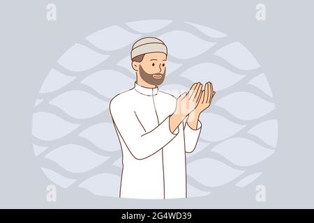 Muslimische Religion und Rituale Konzept. Junge lächelnde arabische Mann Zeichentrickfigur in weißen Kleidern stehend Blick auf Handflächen Hände beten allein Vektor-Illustration Stock Vektor