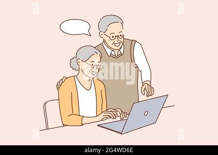 Konzept für Führungskräfte und Technologien. Positive ältere ältere Paar mit Laptop zusammen lernen Computer kommunizieren online zusammen Vektor-Illustration Stock Vektor