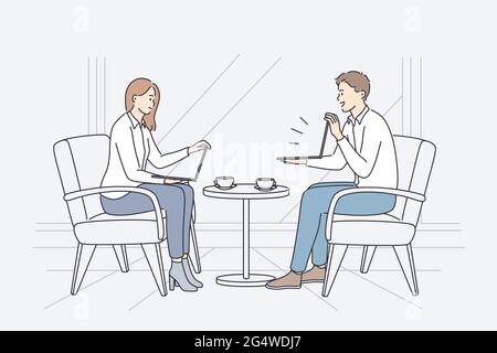Business Meeting und Diskussionskonzept. Junge Geschäftspartner Frau und Mann sitzen mit Laptops diskutieren Business-Corporate-Projekt zusammen Austausch Ideen Vektor Illustration Stock Vektor