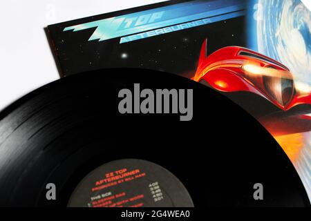 Rock- und Synthrock-Band, ZZ Top-Musikalbum auf Vinyl-Schallplatte. Titel: Afterburner Album Cover Stockfoto