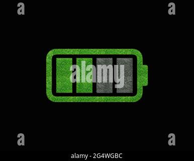 3D Green Energy Konzept. Grünes Gras isoliert von Batterie auf schwarzem Grand. Tag Der Natur, Tag Der Erde, Tag Des Waldes, Tag Der Umwelt, Welt Retten Stockfoto