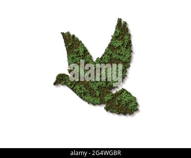 3D Green Bird Konzept. Baum oder Wald isoliert auf Vogel. Welt Zugvögel Tag oder Welt Vögel und Baum Tage. Stockfoto