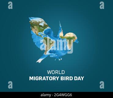 Konzept des World Migrating Bird Day. 8.. Mai Welttag der Zugvögel (WMBD). 3D Vogelillustration isoliert auf der Weltkarte. Stockfoto