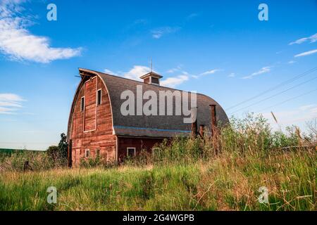 Verlassene alte hölzerne rote Scheune in ländlicher Farmlandschaft Stockfoto