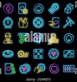 Croupier-Symbole gesetzt. Skizzieren Sie Set von Croupier Vektor-Symbole Neonfarbe auf schwarz Stock Vektor