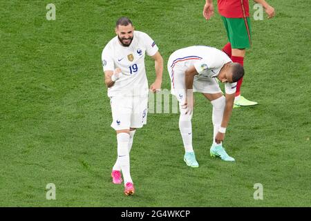 Frankreichs Stürmer Karim Benzema feiert sein zweites Tor beim UEFA Euro 2020 Championship Group F Spiel zwischen Frankreich und Portugal in der Puskas Arena, am 23. Juni 2021 in Budapest, Ungarn. Foto von David Niviere/ABACAPRESS.COM Stockfoto