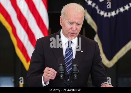 Washington, Usa. Juni 2021. Präsident Joe Biden hält am Mittwoch, den 23. Juni 2021, im Weißen Haus in Washington DC Bemerkungen zur Strategie der Regierung zur Verhinderung von Waffenverbrechen. Foto von Oliver Contreras/UPI Credit: UPI/Alamy Live News Stockfoto