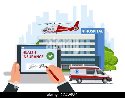 Isometrisches Krankenversicherungskonzept. Gesundheitswesen, Finanzen und medizinische Versorgung. Formular Für Medizinische Dokumente. Papierkram und Fragebogen für Versicherungskonzepte Stock Vektor