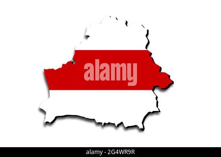 Übersichtskarte von Belarus mit der über dem Land aufgezwungenen demokratischen Flagge. 3D-Grafiken, die einen Schatten auf den weißen Hintergrund werfen Stockfoto