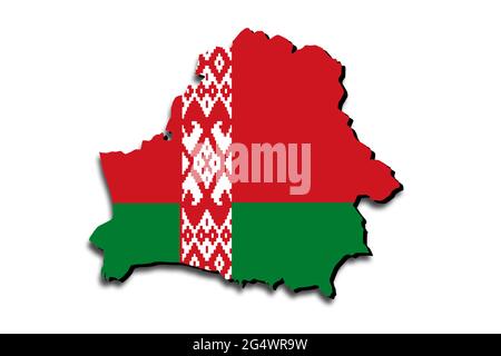 Übersichtskarte von Belarus mit der überlagerten Nationalflagge. 3D-Grafiken, die einen Schatten auf den weißen Hintergrund werfen Stockfoto