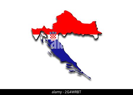 Übersichtskarte von Kroatien mit überlagerter Nationalflagge. 3D-Grafiken, die einen Schatten auf den weißen Hintergrund werfen Stockfoto