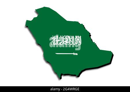 Übersichtskarte von Saudi-Arabien mit der Nationalflagge über dem Land. 3D-Grafiken, die einen Schatten auf den weißen Hintergrund werfen Stockfoto