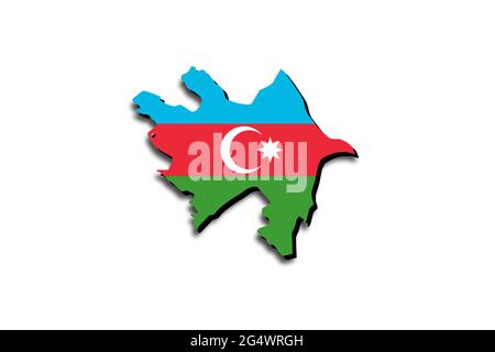 Übersichtskarte von Aserbaidschan mit überlagerter Nationalflagge. 3D-Grafiken, die einen Schatten auf den weißen Hintergrund werfen Stockfoto